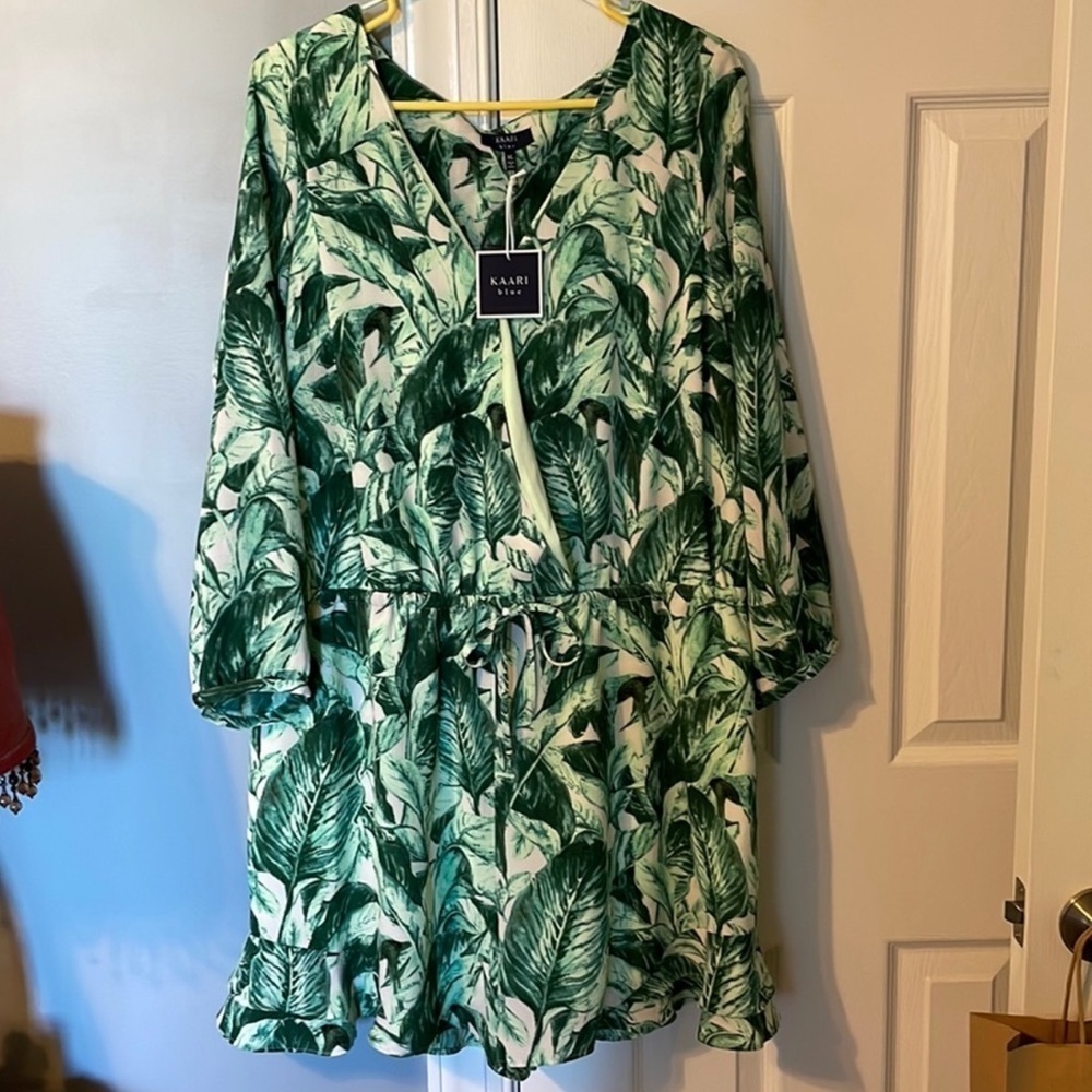 Kaari Blue Desert Oasis Leafy Jungle Print Tunic Dress XL NWT